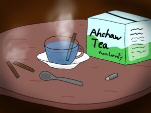 アーチャウ茶、青い色をしたお茶です。グラスに注がれていて、フェットスティックが一本いれてあります。