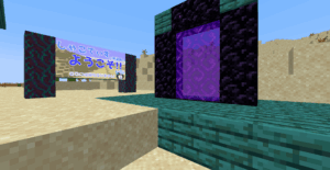 しゃこてぃす一時基地のウェルカムボードと簡素なネザーゲート