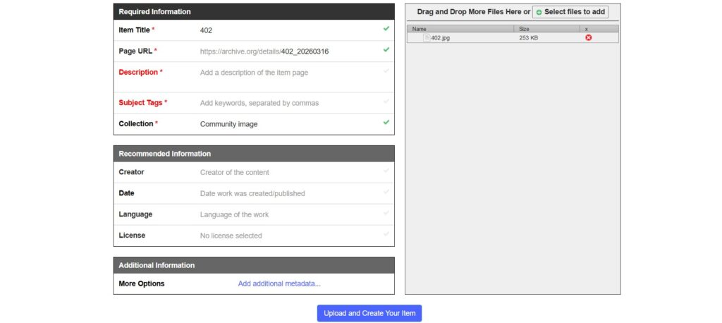 Internet Archiveでのメタデータ編集画面