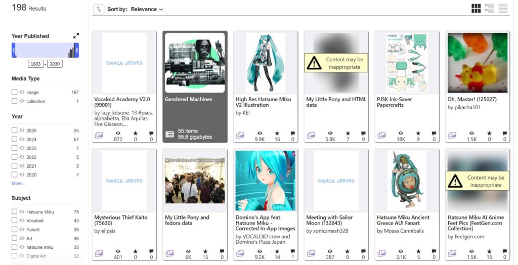 Internet ArchiveでHatsune Mikuを検索した画面