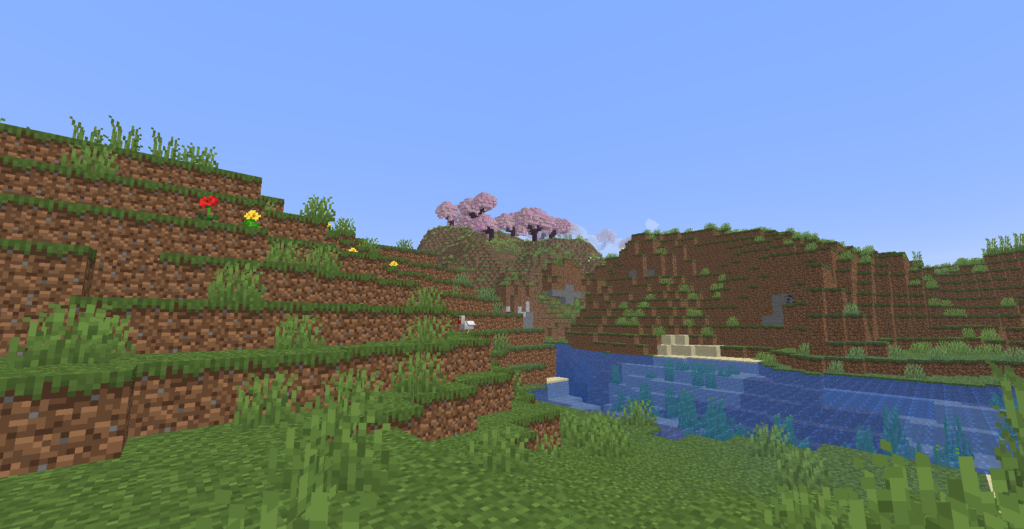 遠くに桜の森が見える